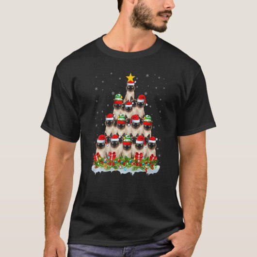 Siamese Cat  Xmas Tree Santa Christmas Siamese Cat Tシャツ (正面)