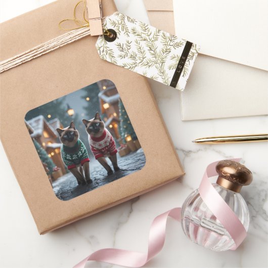 Siamese Cats Christmas Snow Holiday スクエアシール (ギフト)