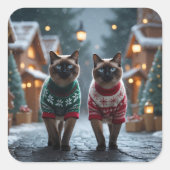 Siamese Cats Christmas Snow Holiday スクエアシール (正面)