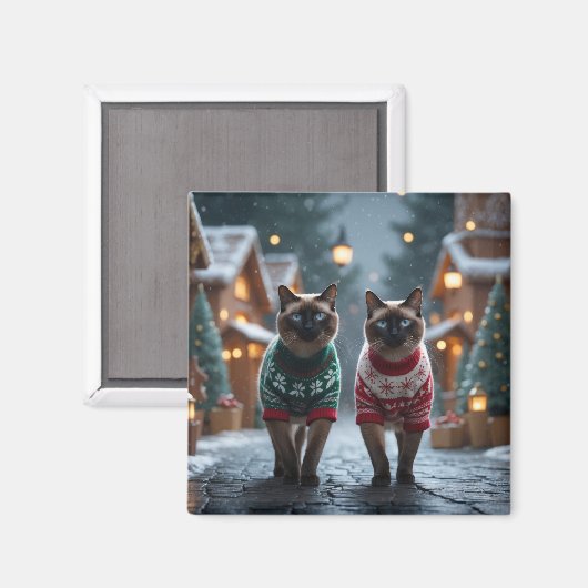 Siamese Cats Christmas Snow Holiday マグネット (正面/裏面)