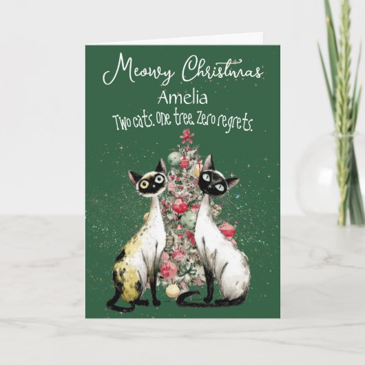 Siamese Cats In Front Of A Tree Christmas Card カード (正面)