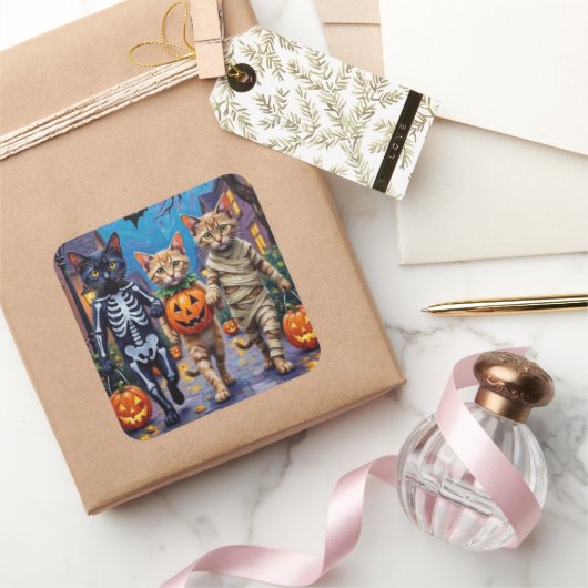 Siamese Cats Trick-or-Treating Halloween Costumes スクエアシール (ギフト)