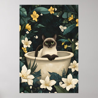 Siamese In Bathtub Poster, Funny Cat Poster ポスター