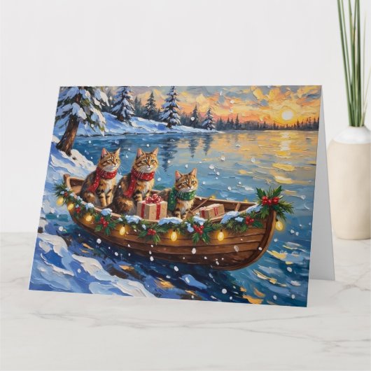 Siberian Cat Christmas Boat Holiday カード (正面)