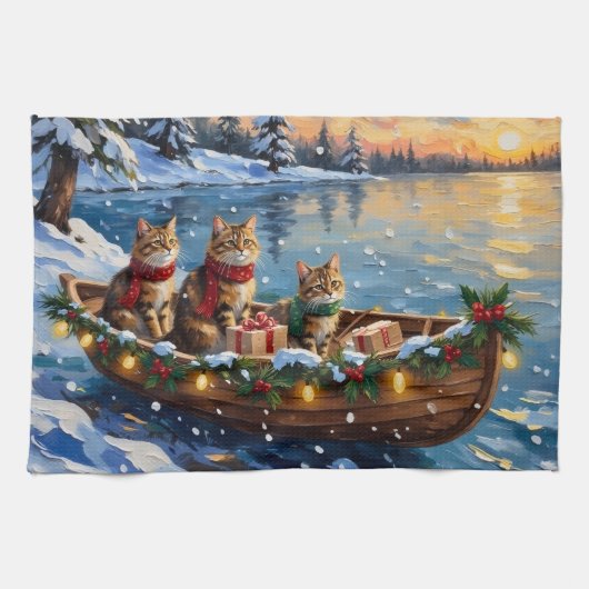 Siberian Cat Christmas Boat Holiday キッチンタオル (横)