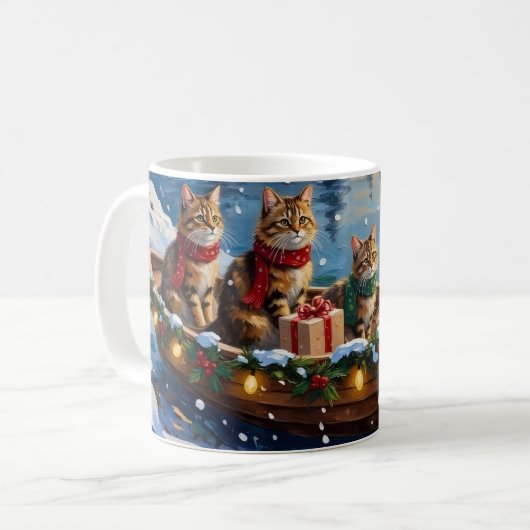 Siberian Cat Christmas Boat Holiday コーヒーマグカップ (正面左)