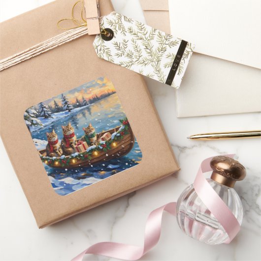 Siberian Cat Christmas Boat Holiday スクエアシール (ギフト)