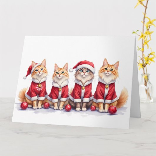 Siberian Cat Christmas Dress Santa Hat カード (黄色い花)