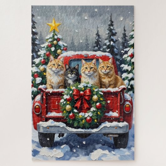 Siberian Cat Christmas Red Truck Holiday ジグソーパズル (縦)