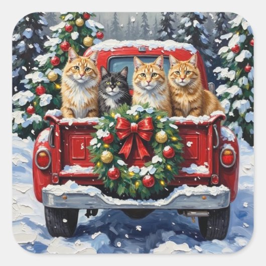 Siberian Cat Christmas Red Truck Holiday スクエアシール (正面)