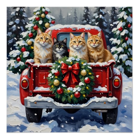 Siberian Cat Christmas Red Truck Holiday ポスター (正面)