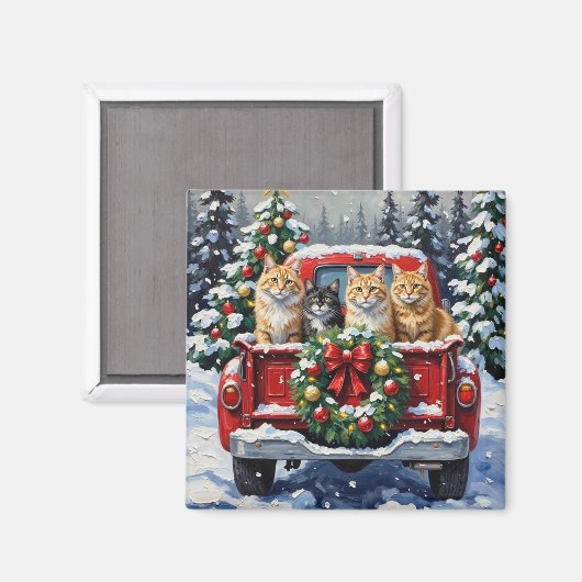 Siberian Cat Christmas Red Truck Holiday マグネット (正面/裏面)