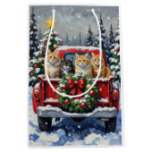 Siberian Cat Christmas Red Truck Holiday ミディアムペーパーバッグ (正面)