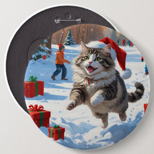 Siberian Cat Running in Snow with Christmas Hat 缶バッジ (正面&裏面)