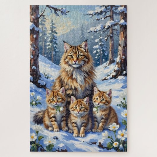 Siberian Cat Snow Forest Bloom Art ジグソーパズル (縦)