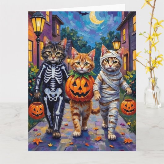 Siberian Cats Trick-or-Treating Halloween Costumes カード (黄色い花)