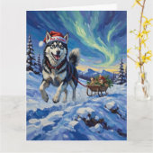 Siberian Husky Arctic Sled Run Christmas Hat カード (黄色い花)