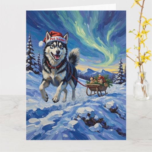 Siberian Husky Arctic Sled Run Christmas Hat カード (黄色い花)