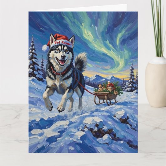 Siberian Husky Arctic Sled Run Christmas Hat カード (正面)