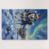 Siberian Husky Arctic Sled Run Christmas Hat ジグソーパズル (横)