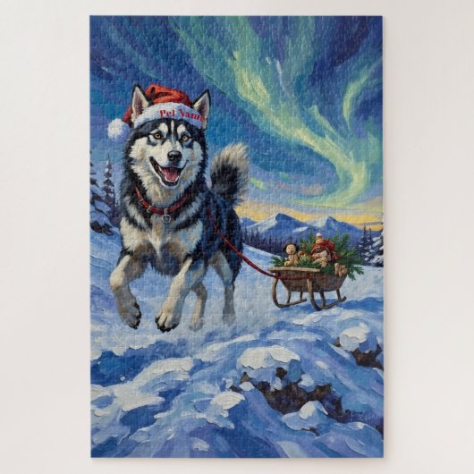 Siberian Husky Arctic Sled Run Christmas Hat ジグソーパズル (縦)