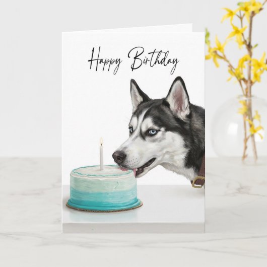 Siberian Husky Birthday Cake Inspector カード (黄色い花)