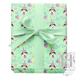 Siberian Husky Birthday Gift Wrapping Paper Green ラッピングペーパー