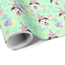 Siberian Husky Birthday Gift Wrapping Paper Green ラッピングペーパー