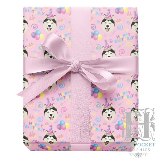 Siberian Husky Birthday Gift Wrapping Paper Pink ラッピングペーパー