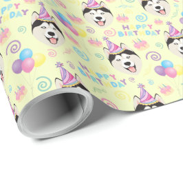 Siberian Husky Birthday Gift Wrapping Paper Yellow ラッピングペーパー