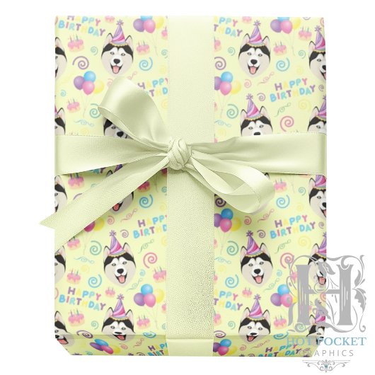 Siberian Husky Birthday Gift Wrapping Paper Yellow ラッピングペーパー