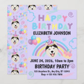 Siberian Husky Birthday Invitation in Purple 招待状 (正面/裏面)