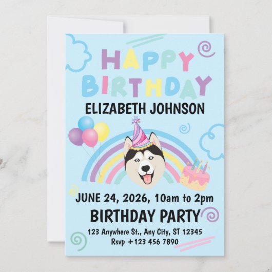 Siberian Husky Birthday Party Invitation Blue 招待状 (正面)