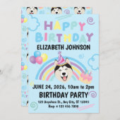 Siberian Husky Birthday Party Invitation Blue 招待状 (正面/裏面)
