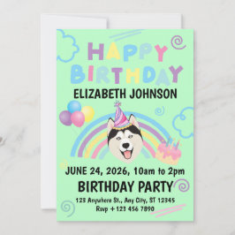 Siberian Husky Birthday Party Invitation Green 招待状