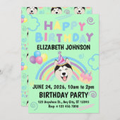 Siberian Husky Birthday Party Invitation Green 招待状 (正面/裏面)
