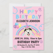 Siberian Husky Birthday Party Invitation Pink 招待状 (正面)