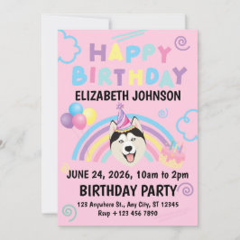 Siberian Husky Birthday Party Invitation Pink 招待状