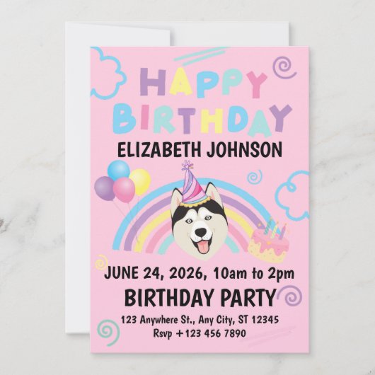 Siberian Husky Birthday Party Invitation Pink 招待状 (正面)