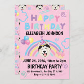 Siberian Husky Birthday Party Invitation Pink 招待状 (正面/裏面)