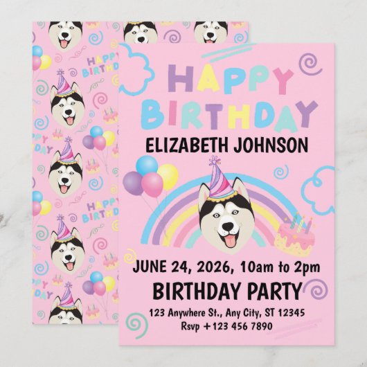 Siberian Husky Birthday Party Invitation Pink 招待状 (正面/裏面)