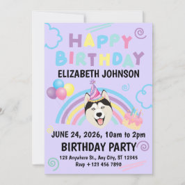 Siberian Husky Birthday Party Invitation Purple 招待状