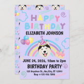 Siberian Husky Birthday Party Invitation Purple 招待状 (正面/裏面)