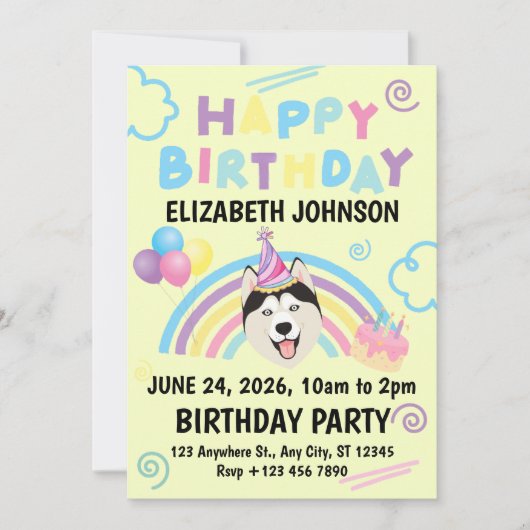 Siberian Husky Birthday Party Invitation Yellow 招待状 (正面)