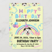 Siberian Husky Birthday Party Invitation Yellow 招待状 (正面/裏面)