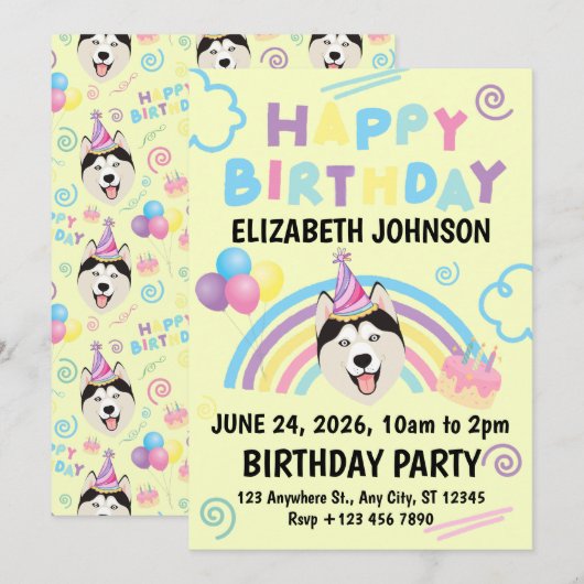 Siberian Husky Birthday Party Invitation Yellow 招待状 (正面/裏面)