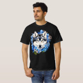Siberian Husky Blue Floral Watercolor Portrait Tシャツ (正面フル)