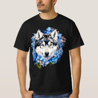 Siberian Husky Blue Floral Watercolor Portrait Tシャツ