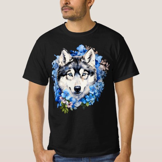Siberian Husky Blue Floral Watercolor Portrait Tシャツ (正面)