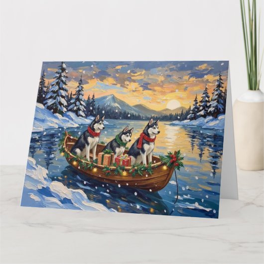 Siberian Husky Christmas Boat Holiday カード (正面)